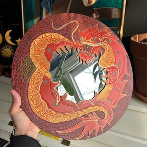 Vintage Dragon Wall Mirror Hand Carved Wood Red Gold Crackle 15.5” Decor